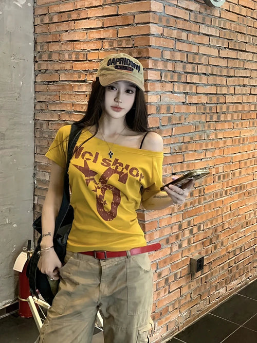 Y2k Sport Summer Off shoulder Top Women Sexy Vintage 2000s Short sleeve T shirt  Lady Body Basic Crop Top Female Casual